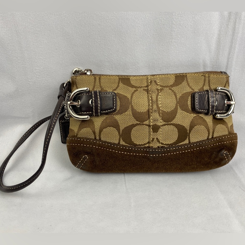 Coach Signature Wristlet Buckle Tan Brown Canvas Suede Zippered